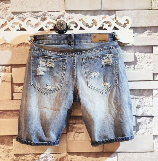Summer Men's Straight Washed Ripped Denim Shorts