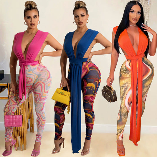 Ladies Fashion Mesh Print Trousers Two Piece Set Women