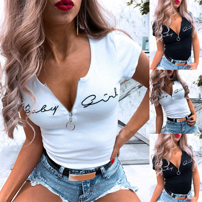 Round Neck T-shirt With Zipper Letters Short Sleeves High Waist Threaded Short Sleeves