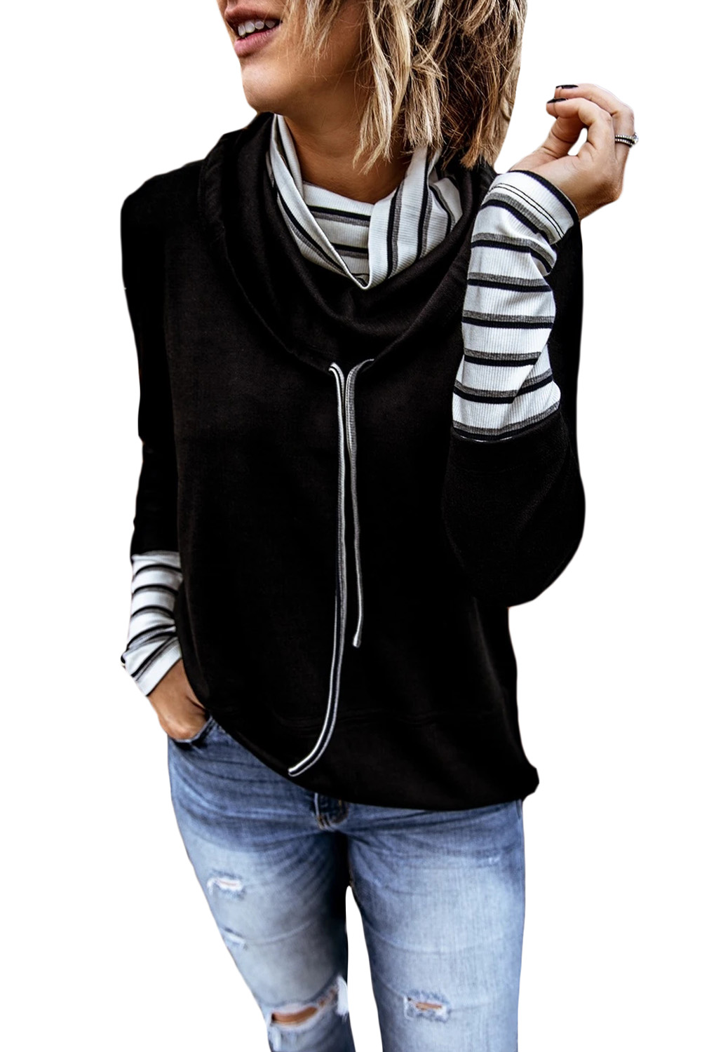 Striped Splicing High Neck Sweatshirt