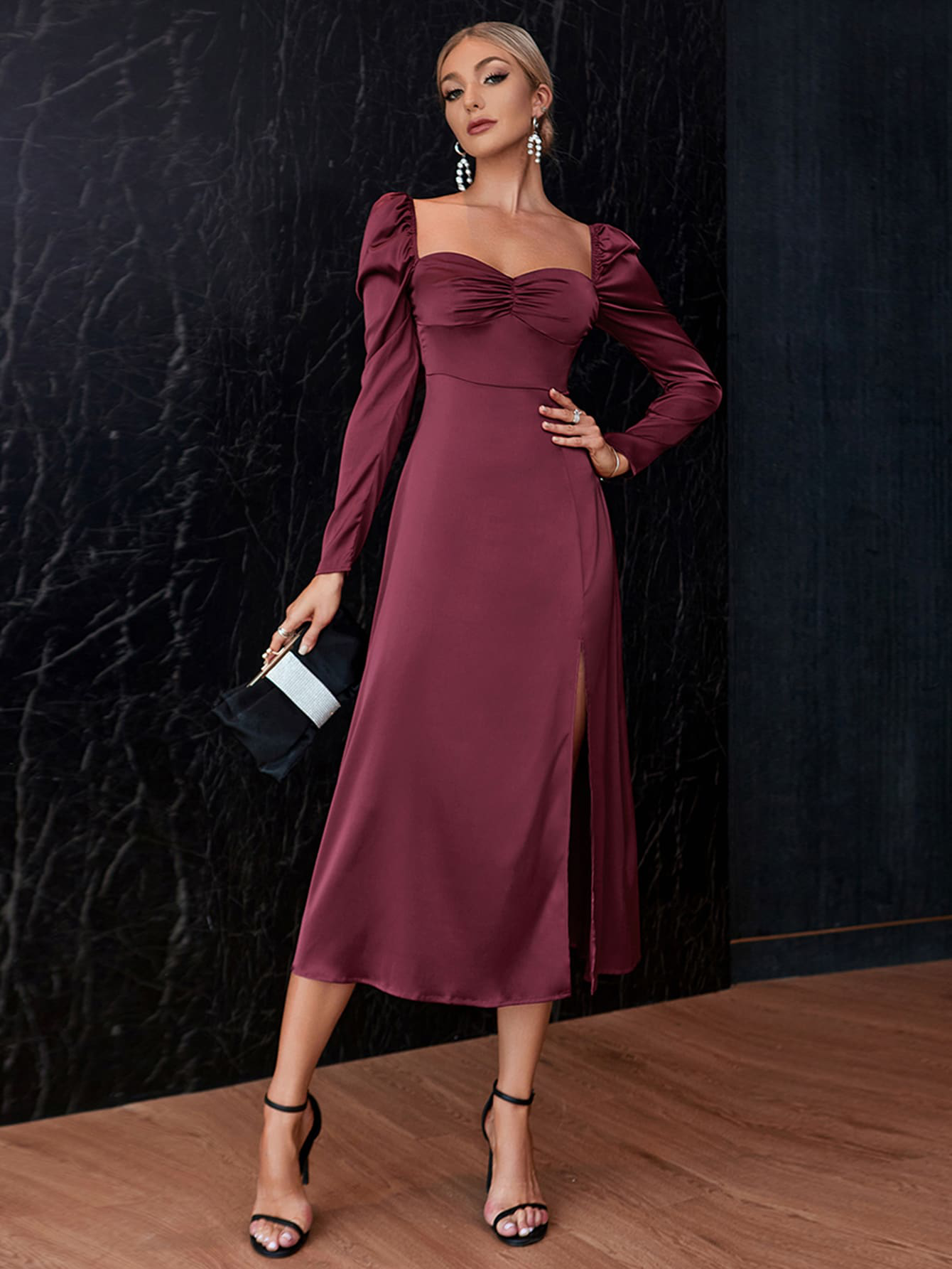 Sweetheart Neck Split Thigh Satin Dress