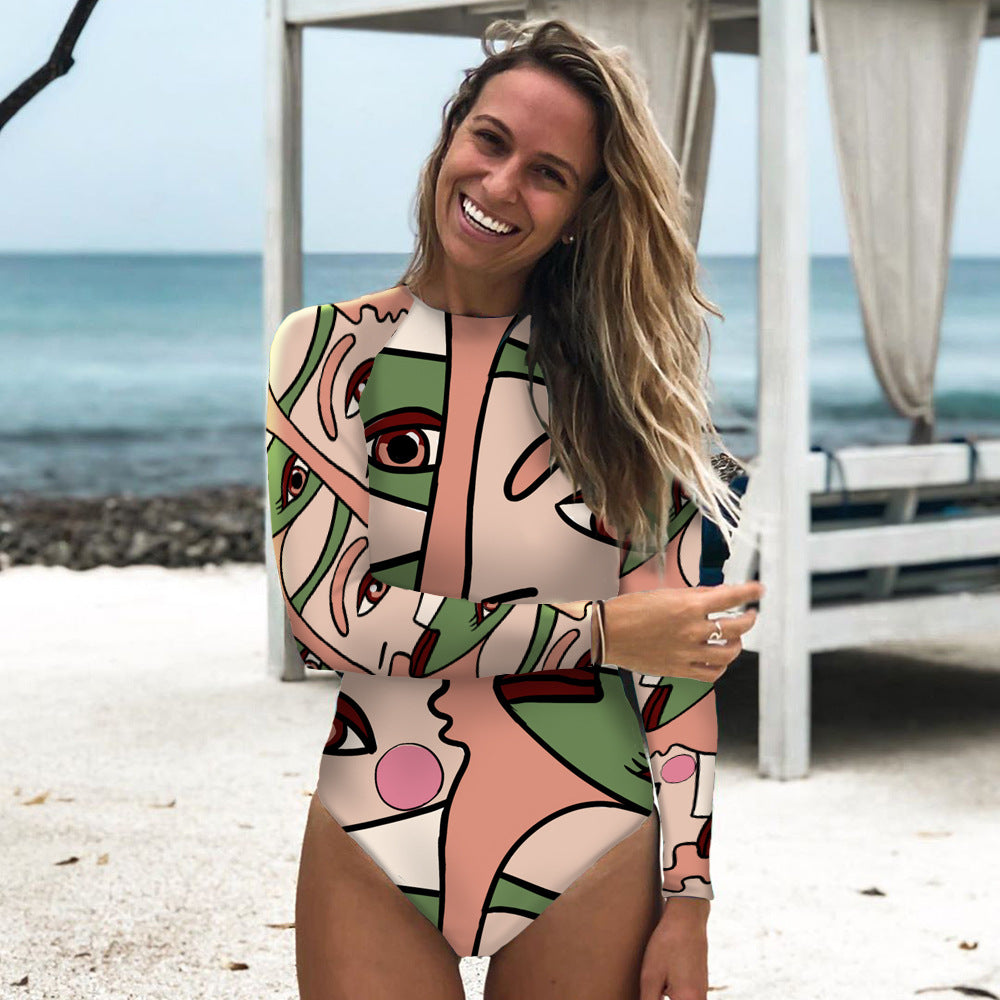 New Long-sleeved Abstract Printed One Piece Swimsuit Women