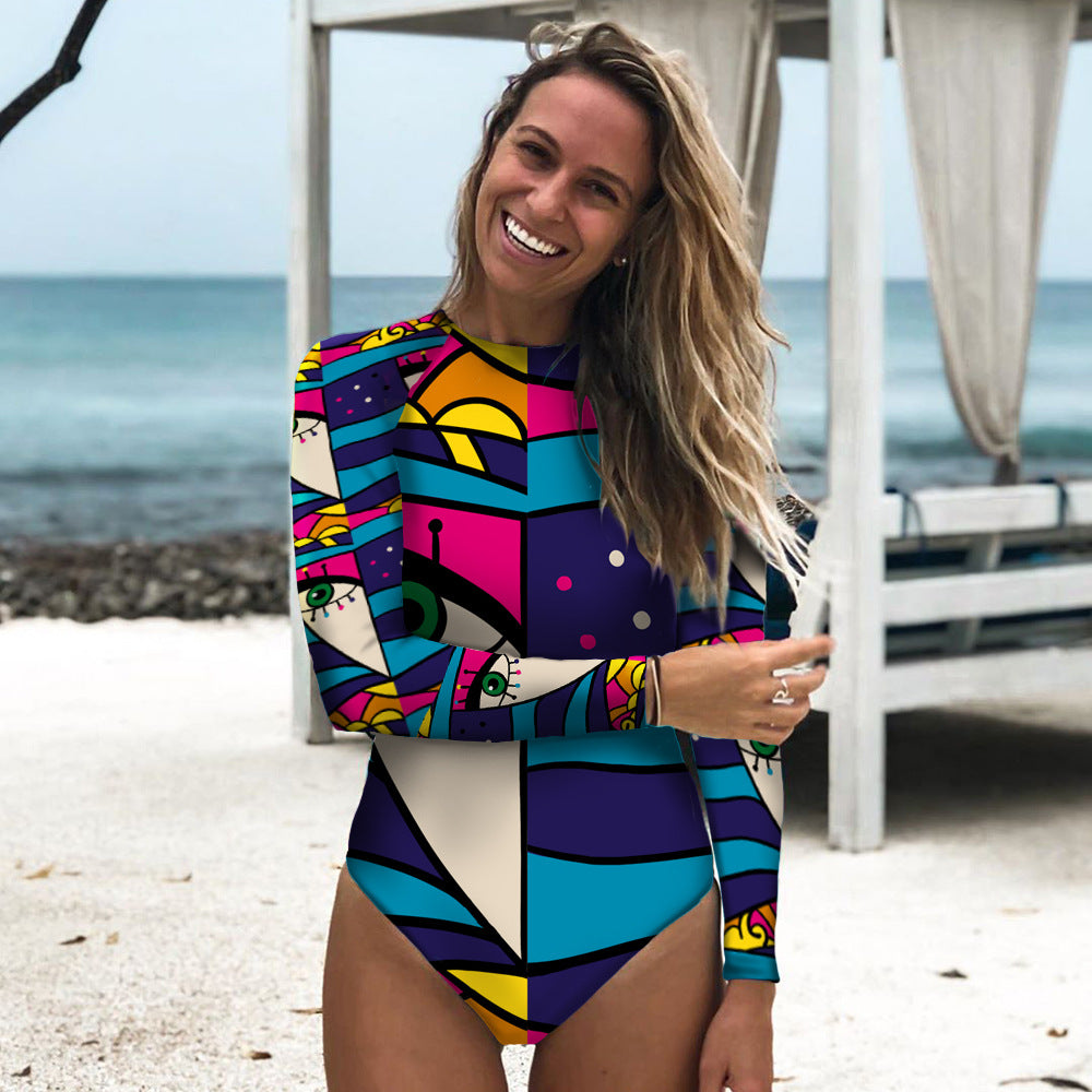 New Long-sleeved Abstract Printed One Piece Swimsuit Women